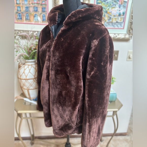 FHILLINUO BROWN PLUSH FUZZY FAUX FUR HOODED TEDDY BEAR JACKET COAT SZ L-XL NWT - Picture 2 of 11